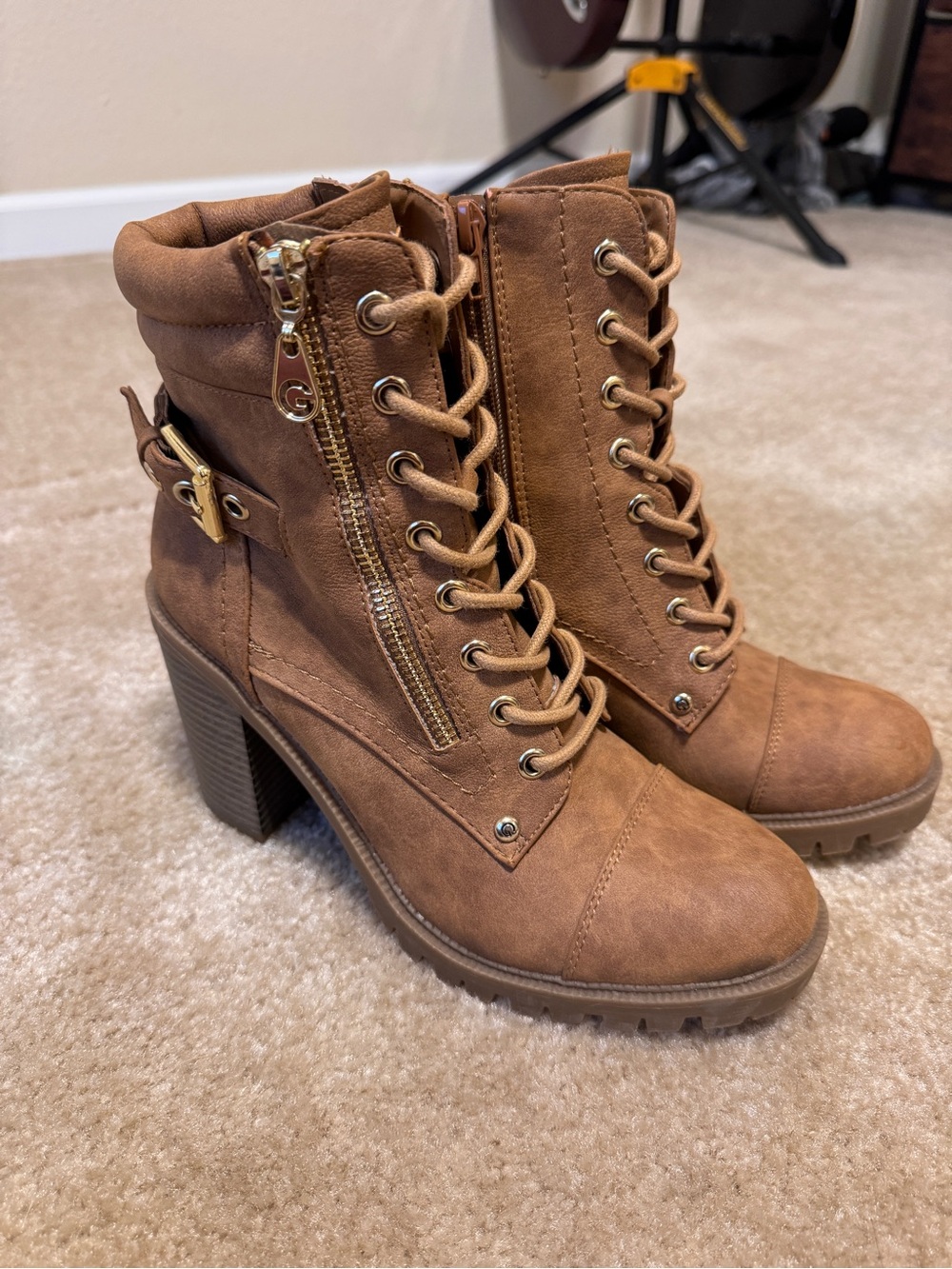 Guess Brown Lace-Up Heeled Combat Boots with Gold Hardware